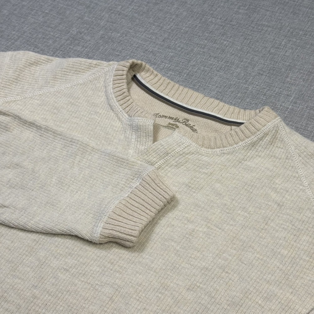 Tommy Bahama V-Neck Sweater Mens M Beige Cotton Waffle-Knit Long Sleeve